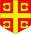 Coat of arms (1259-1453) of the House of Palaiologos, Emperors of Byzantium: Gules, a cross between four capital letters B (or fire steels) or