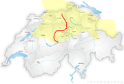 Distribution of High Alemannic dialects. Marked in red is the Brunig-Napf-Reuss line. Brunig-Napf-Reuss-Linie.png