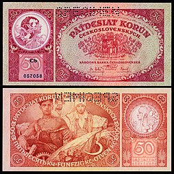 Billet de 50 couronnes tchécoslovaques de 1929, première république.