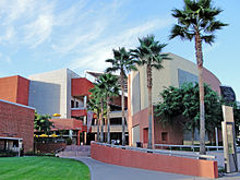 The Golden Eagle, consisting of two adjoining structures separated by a promenade. Cal State University, Los Angeles.jpg