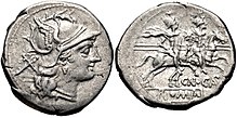 Denarius of Gnaeus Calpurnius Piso, 2nd Century BC. The obverse features a head of Roma, while the reverse depicts the Dioscuri. Calpurnia 1 denarius 2330309.jpg