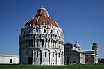 White church, leaning tower and a circular baptistery
