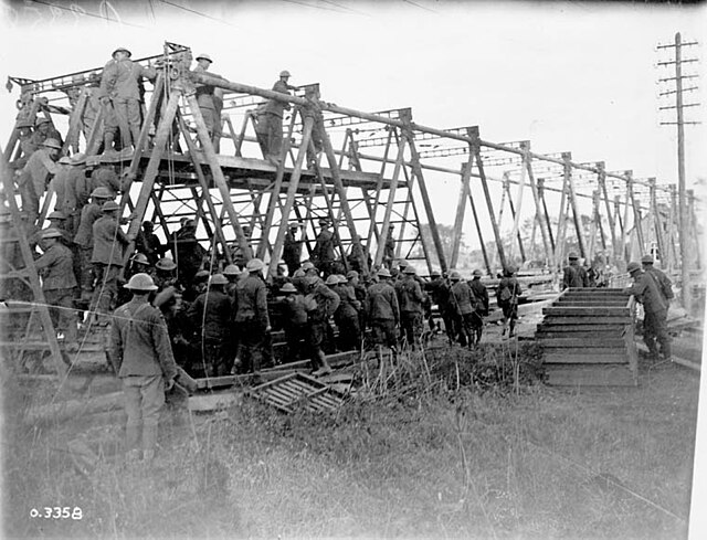 Canadian engineers building a bridge across the Canal du Nord, France, in 1918