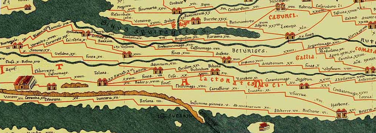 Extrait de la Table de Peutinger : seules Burdigala, Tolosa et Narbone ont deux maisons sur cette partie de l'itinéraire