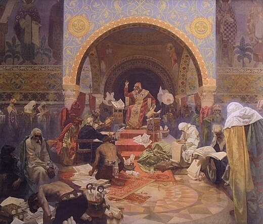 Tsaar Simeon I van Bulgarije op zijn troon
