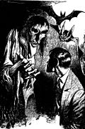 Monochrome drawing: a suited man confronts a skeletal supernatural creature, over whose shoulder two giant bats are visible