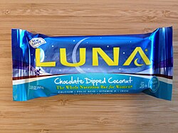 A chocolate-dipped coconut LUNA Bar Choc Dipped Coconut Luna Bar.jpg