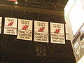 The banners hanging from the rafters signifiying the three Stanley Cup Championships the New Jersey Devils won at the arena.