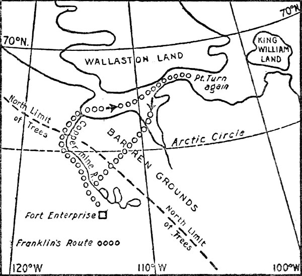 Map showing Franklin's descent of the Coppermine and retreat across the Barren Grounds