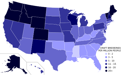 Vermont ranks first nationally in craft breweries per capita. Craft Breweries Per Capita (US).svg