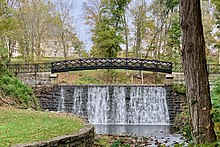 The waterfall and footbridge at Blair Academy, a private boarding school in Blairstown, in October 2020 Dam and footbridge, Blair Academy, NJ.jpg