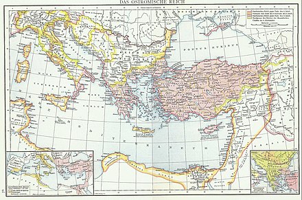 The Byzantine Empire between the 6th and late 9th centuries, including the themes as of c. 900. The scattered and isolated imperial possessions around the Mediterranean were defended and reinforced by the Byzantine fleets. Droysen - Ostromisches Reich.jpg