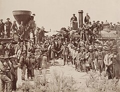 Image 11Workers drive in the golden spike on the First Transcontinental Railroad, 1869 (from History of California)