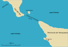 Map showing Isla del Sol, the Strait of Yampupata and Yampupata Peninsula in Lake Titicaca