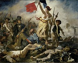 A bare-breasted woman leads a revolutionary army over a barricade, holding aloft a French flag