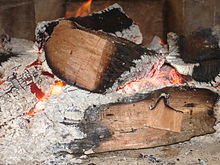 Burning pieces of wood, showing various stages of pyrolysis followed by oxidative combustion. Fire 1873.JPG