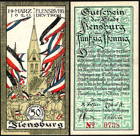 图为面值50芬尼的弗伦斯堡紧急币兑票（1921年）。票面描绘的是1920年什列斯威公民投票。