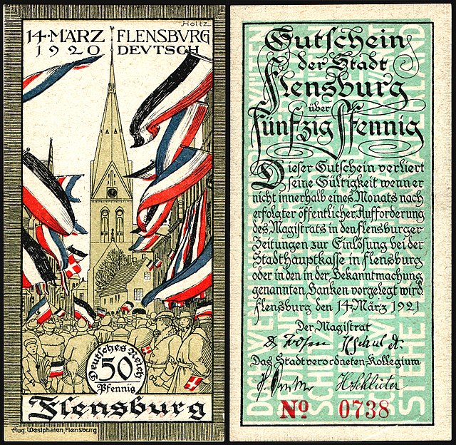 Банкнота-нотгельд в 50 пфеннигов, выпущенная во Фленсбурге в 1921 году