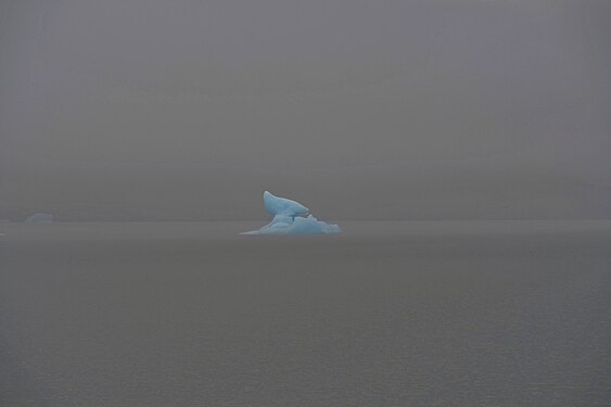 A large berg floats on a dull gray day at the Grey Lake in Torres del Paine, Chile.