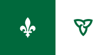 The official flag of Ontario's French-speaking minority, the Franco-Ontarians, incorporates a stylized trillium representing Ontario and a fleur-de-lis representing French Canadian heritage.