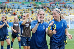 Sweden celebrate after the semi final victory against Brazil at the 2016 Summer Olympics. Futebol feminino olimpico- Brasil e Suecia no Maracana (29033096025).jpg