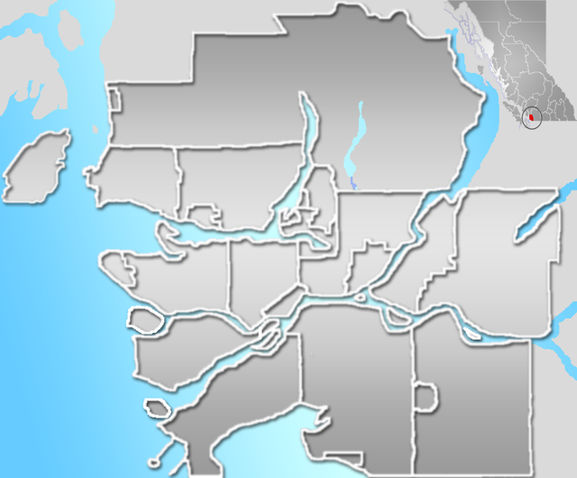 Mapa konturowa Vancouver, po lewej nieco na dole znajduje się punkt z opisem „YVR”