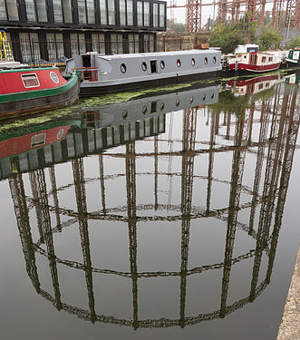 Gasometer, and Regent's Canal, Hackney, London, part of Grand Union Canal