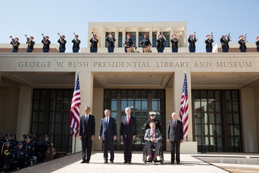 President Barack Obama pauses with former Presidents George W. Bush, Bill Clinton, George H.W. Bush, and Jimmy Carter during the dedication of the George W. Bush Presidential Center at the George W. Bush Presidential Library and Museum on the campus of Southern Methodist University in Dallas, Texas, April 25, 2013. (Official White House Photo by Pete Souza)