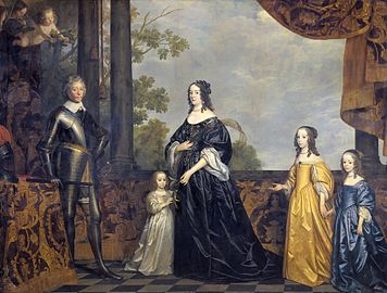 Frederick Henry, Amalia og deres yngste tre døtre, Albertine Agnes er anden til højre, holder hænderne sammen med sin yngre søster Henriette Catherine