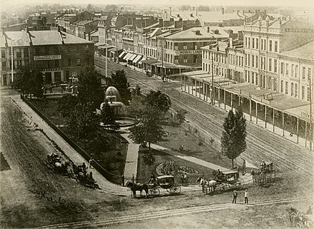 Gore Park in 1870. The park was a public square for the settlement, and remains the centre of the city.