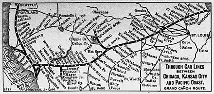 A map depicting the "Grand Canyon Route" of the Atchison, Topeka & Santa Fe Railway c. 1901.