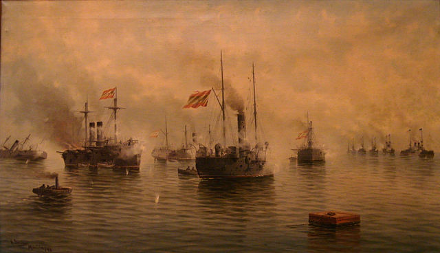 Batalla de Cavite, painted by Ildefonso Sanz Doménech, depicting the Spanish squadron