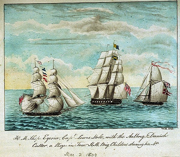 HM Ship Egeria, Capt Lewis Hole, with the Aalborg, Danish Cutter, a prize, in Tow, HM Brig Childers shewing her Nos March 2, 1809