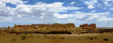 These rammed earth ruins of a granary in Hecang Fortress (Chinese: He Cang Cheng ; Pinyin: Hecangcheng), located ~11 km (7 miles) northeast of the Yumen Pass, were built during the Western Han (202 BC - 9 AD) and significantly rebuilt during the Western Jin (280-316 AD). Han Dynasty Granary west of Dunhuang.jpg