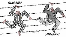 Carlos Latuff's cartoon Holocaust Remembrance Day. It was offered as material for teachers training on a website run by the Education Ministry of the Flemish Region in Belgium. It first appeared at a Holocaust denial conference in Tehran in 2009, according to Joods Actueel, who said it was removed shortly after their article was published.[30]