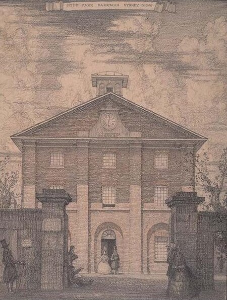 Hyde Park Barracks, designed by Francis Greenway; Old Colonial Georgian style; drawing by William Hardy Wilson in 1914