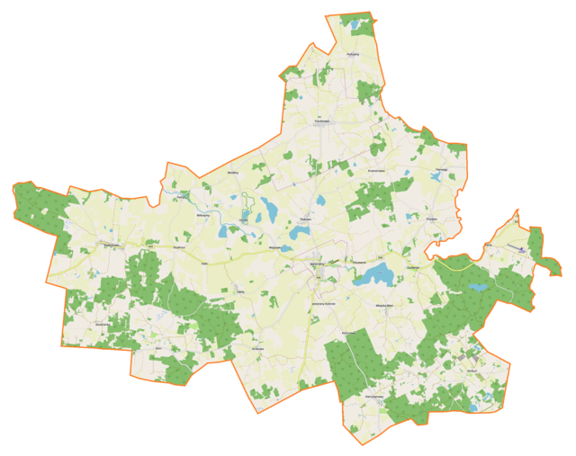 Mapa konturowa gminy Jeziorany, w centrum znajduje się punkt z opisem „Jeziorany”