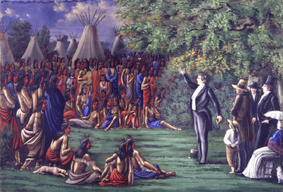 Artist's depiction of Joseph Smith preaching to the Sac and Fox Indians who visited Nauvoo, Illinois, in 1841