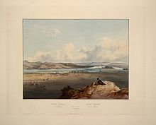 Karl Bodmer, Fort Pierre and the Adjacent Prairie, c. 1833, -- the river, river bluffs and floodplain are depicted around the fort settlement Karl Bodmer Travels in America (43).jpg