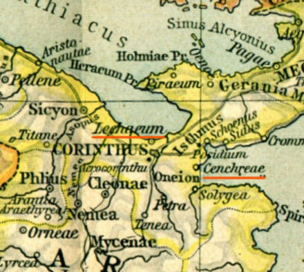 Map showing ancient ports (underlined in red) of Corinth (Corinthus): Lechaeum (Lechaion) and Cenchreae (Cenchrea)