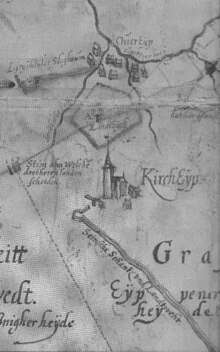 The landwehrs near Dreiherrenstein at Kircheib on a 1605 map Kircheip nach van der Weye.jpg