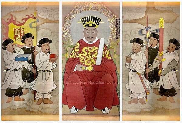 The three watercolor paintings depict Thánh Trần (Đức Thánh Hưng Đạo) and his six generals