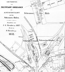 Location of the Leipziger Bahnhof and the Schlesischen Bahnhof Lageplan Leipziger Bahnhof und Schlesischer Bahnhof Dresden1852.jpg