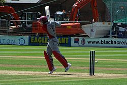 Langer on the attack for Somerset in 2008 Langeronthedrive.jpg