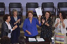 Dilma Rousseff, former president of Brazil signs the feminicide law. LeidoFeminicidio.jpg