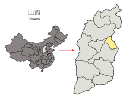 Yangquanin sijainti Shanxin maakunnassa, alla sijainti Kiinassa.