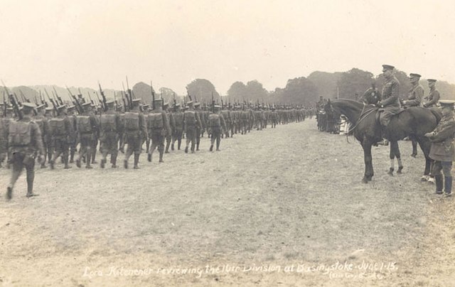 Lord Kitchener, on the right on horseback, reviewing the 10th (Irish) Division at Basingstoke, Hampshire, June 1915.