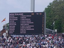 New Zealand only managed 68 runs in their second innings of the Lord's Test match. Lords Test Match, England v NZ Score Board.jpg