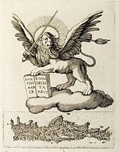 Gravure représentant un lion ailé au-dessus d'une carte de Crète