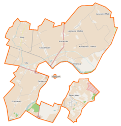 Mapa konturowa gminy wiejskiej Malbork, u góry nieco na prawo znajduje się punkt z opisem „Parafia św. Andrzeja Apostoła”